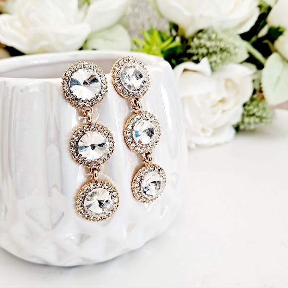 Gold rhinestone statement dangle earrings formal wedding prom events 💖2/$30 - Picture 11 of 11